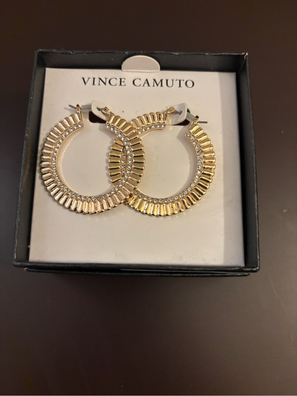 Vince Camuto Gold Ribbed Hoop Earrings with Crystal Inner Band 
1 1/2” Hoop